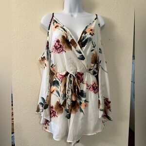 Garden Escape Floral Romper with Off-The-Shoulder Sleeves